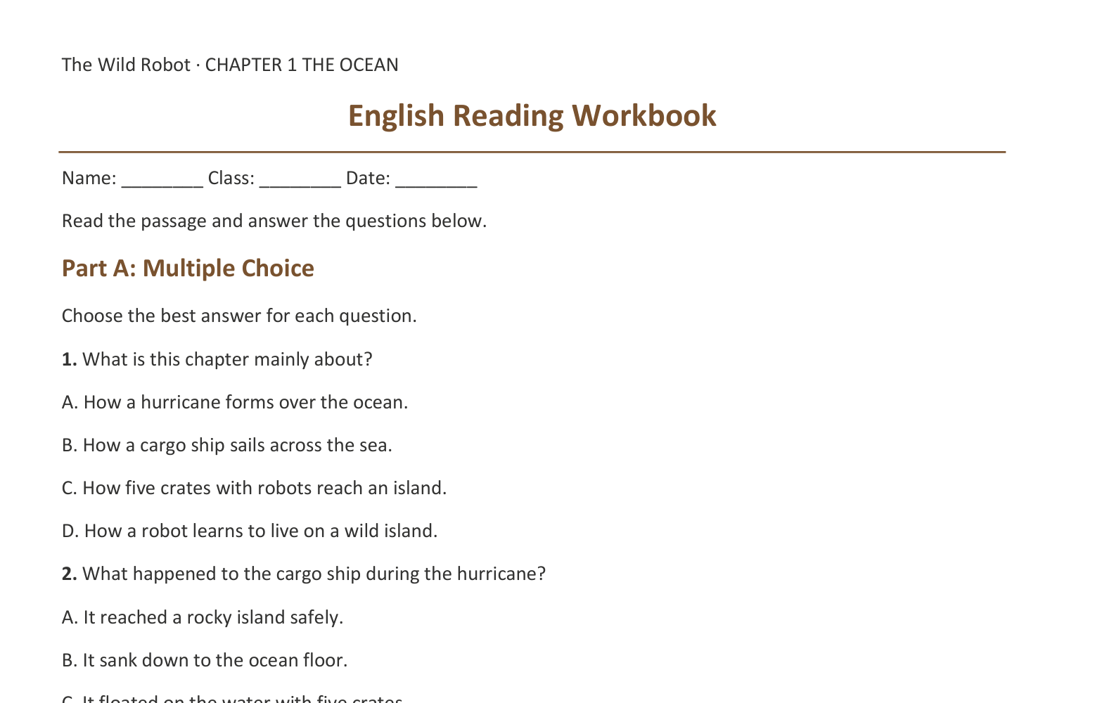 墨蕊阅读导出的 Word 练习册：English Reading Workbook 页眉、Name/Class/Date 填写栏、Part A 多项选择题